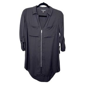 ROCK & REPUBLIC Zip Front Roll Sleeve Mineral Black Tunic Top size XS